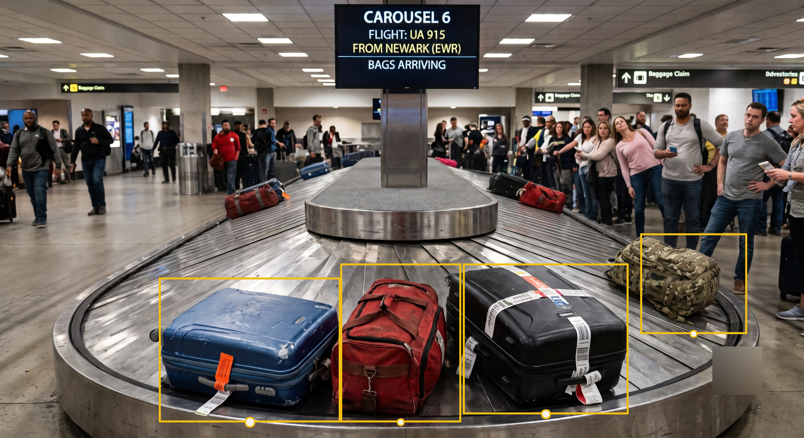 Luggage — Carousel monitoring for airport baggage flow.